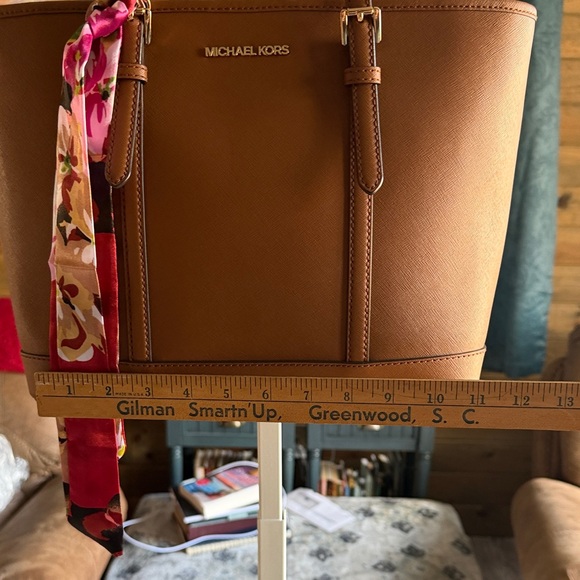 Michael Kors Tan Tote with Pink Scarf Accent - Picture 2 of 13